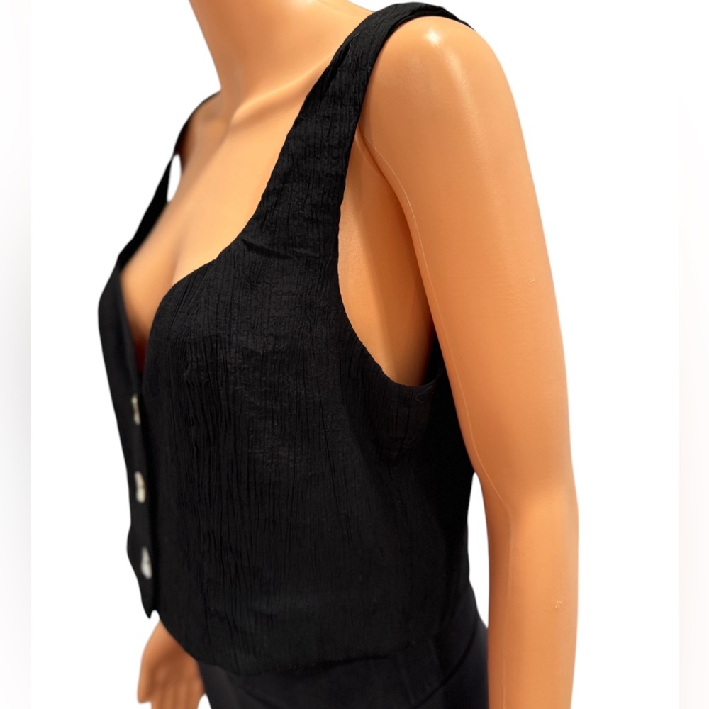 NWOT JASON WU Sleeveless Crinkle Tank Mother Of Pearl Buttons Black Medium - Picture 3 of 7